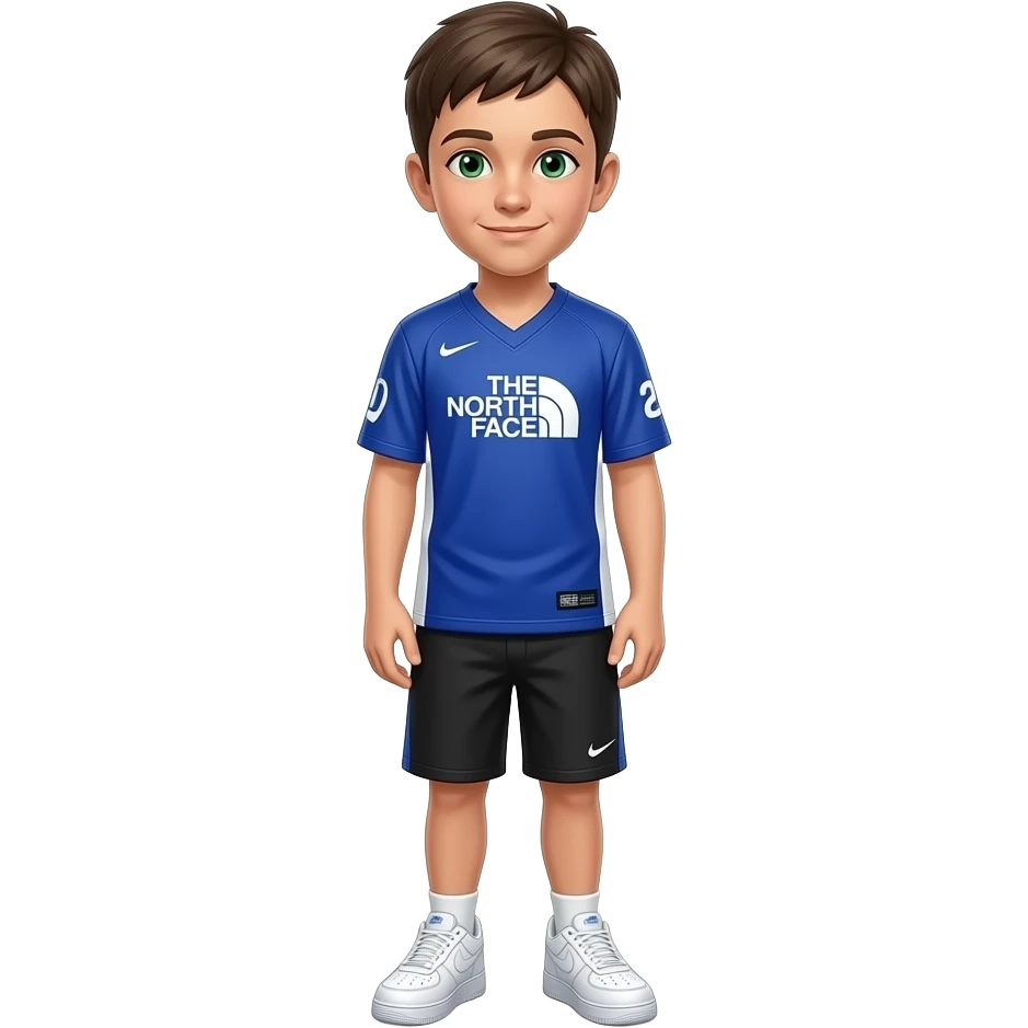 Hazme con el cuerpo entero de pie un chico con pelo corto marrón ojos verdes i que tenga un jersey de north face i unos zapatos air force one blancas. i que sea mediano emoji