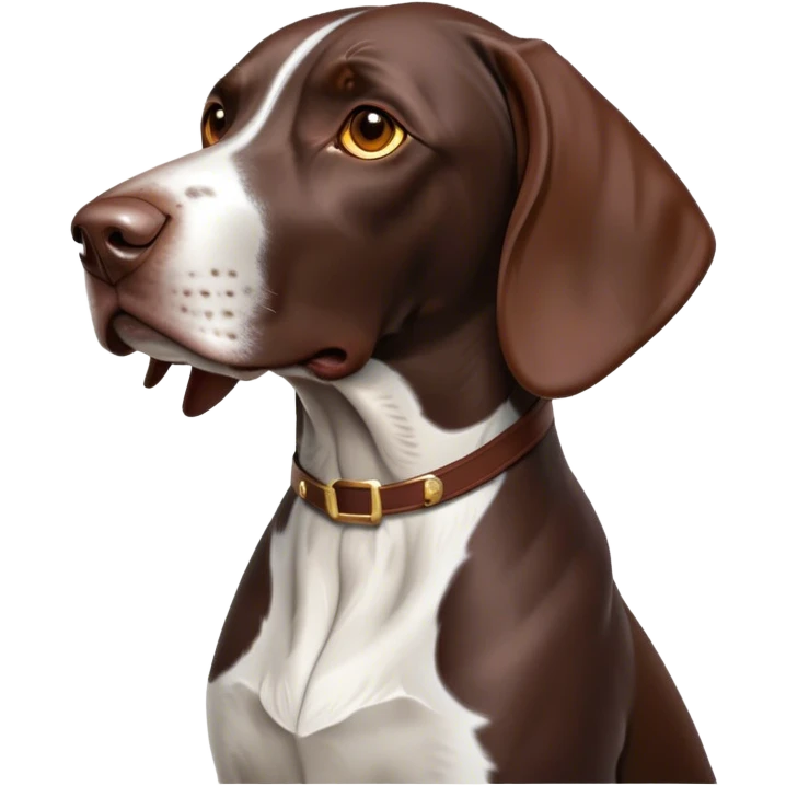 Cinematic Noble German Pointer Portrait Emoji, Poised and regal, with a lean, athletic build and a sleek, short coat in liver and white, deep-set soulful brown eyes, Simplified yet sharp and sophisticated features, highly detailed, glowing with a soft, dignified glow, high shine, intelligent and driven, stylized with an air of determination, focused and attentive, soft glowing outline, capturing the essence of a watchful and commanding hunter, so majestic it feels as though it could sprint out of the screen with effortless authority! emoji