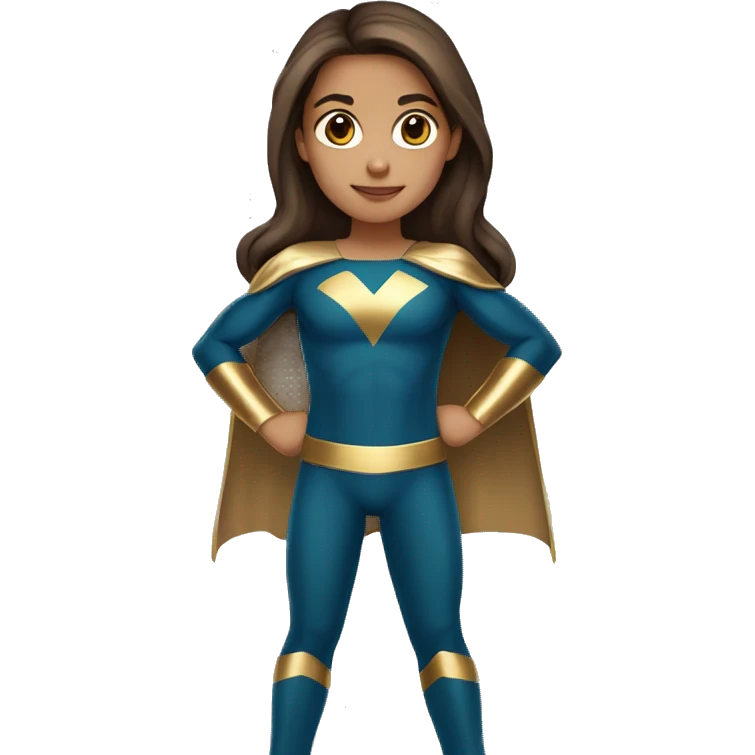 superhero, child, girl, long brown hair, brown eyes, hispanic, straight hair, earrings, gold clothes emoji