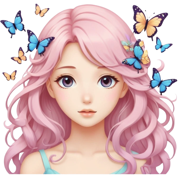 gorgeous anime pastel lady with butterflies and beautiful hair emoji