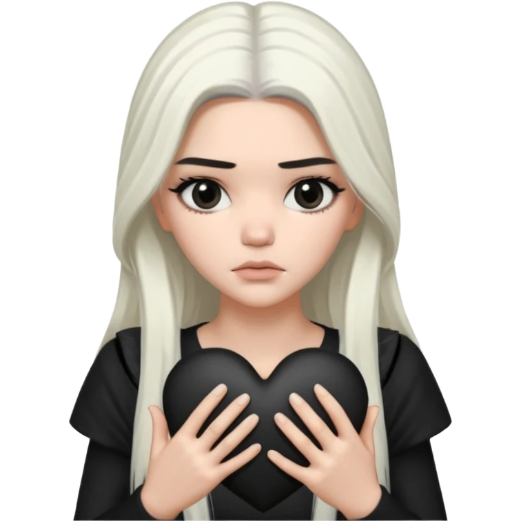 A Kendall Jenner with long white hair is sad and holds a black heart in her hands emoji