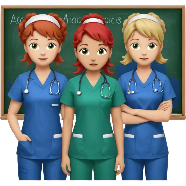 3 nurses: nurse 1 is wearing green work clothes, curly hair, middle european. nurse 2 is wearing blue work clothes, blond straight hair, scandinavic, nurse 3 is wearing white work clothes, red hair put into a bun, slavic. they all stand in a classroom, "Academy" written in white on board emoji