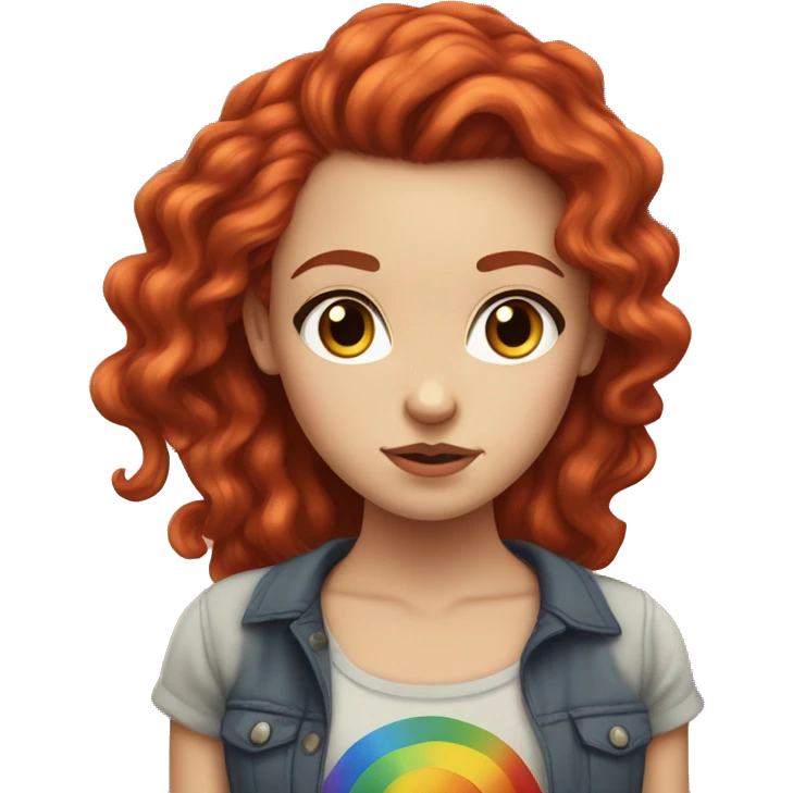 a white girl with long red curly hair in a pony tail with rainbow shirt being bad ass emoji