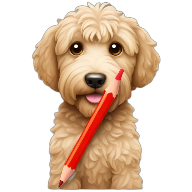 a labradoodle holding a red pencil emoji
