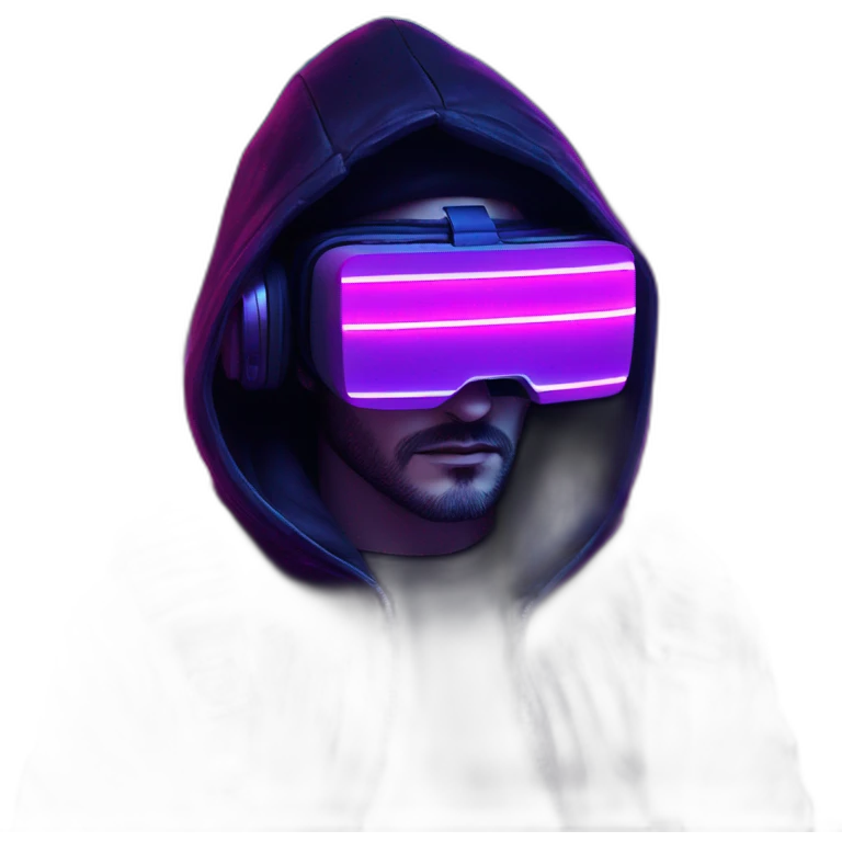 John Snow wearing a black hoodie with "OMG" letters on it and VR headset in a cyberpunk VR environment with violet neon lighting. emoji