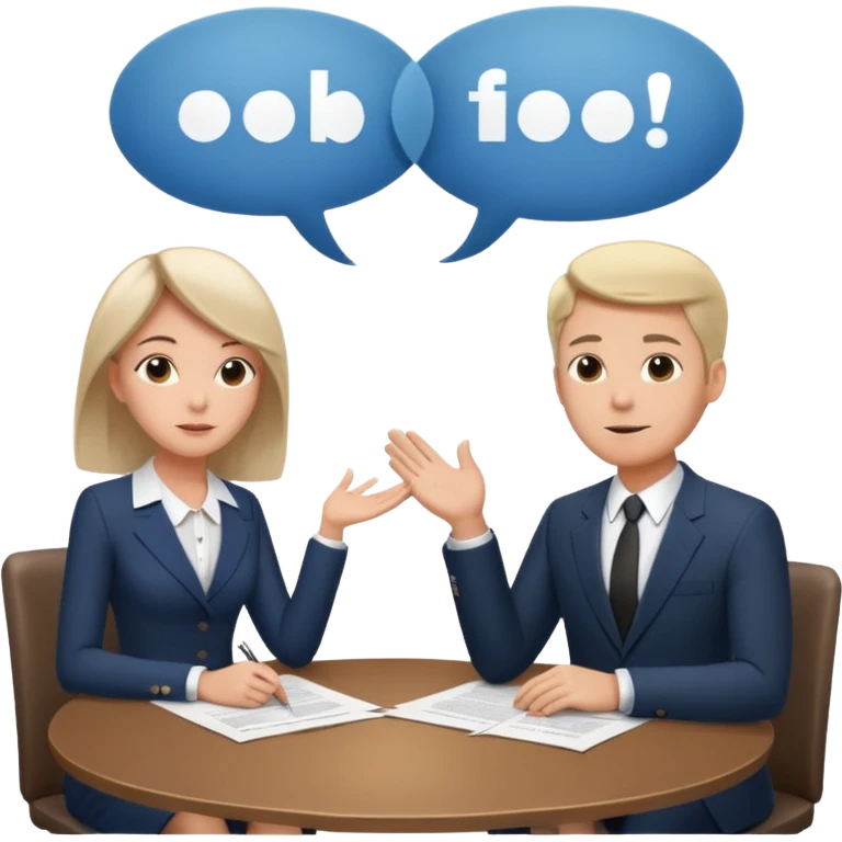 Two people sitting at a table with a large contract or paper between them and speech bubbles above, symbolizing negotiation and agreement signing. emoji