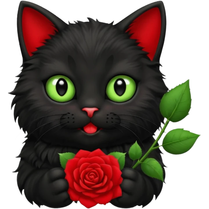 Cute emoji-style black cat holding a red rose in its mouth, big round eyes with light green sclera and black pupils, fluffy fur, clean mascot style, centered, soft beige background, 1:1 ratio. emoji