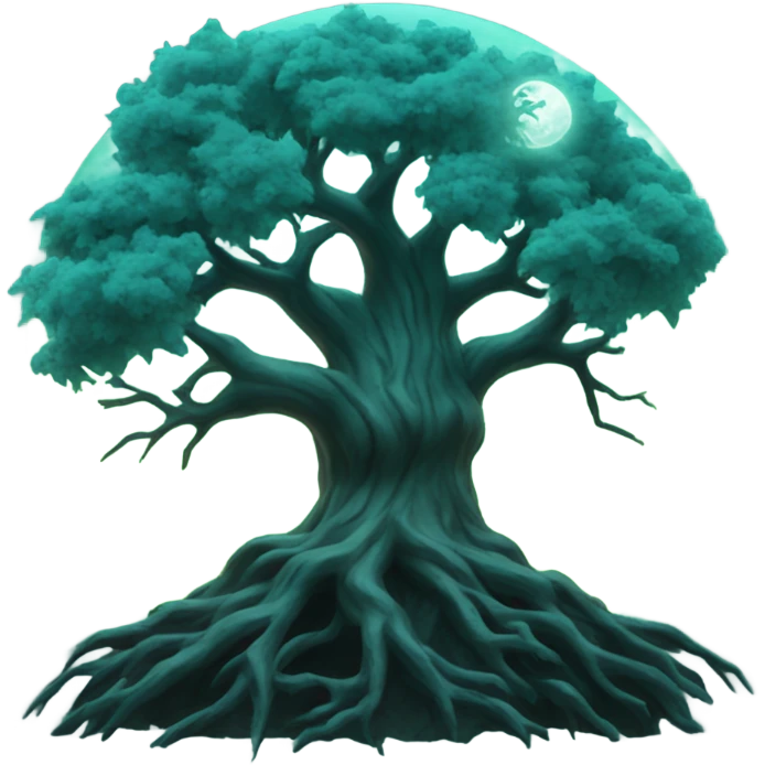 scary tree with teal moon in background illuminating emoji