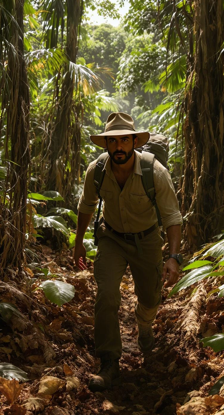 cinematic still, documentary photography, amazon jungle, well lit scene, man is exploring the jungle, close up, front shot emoji