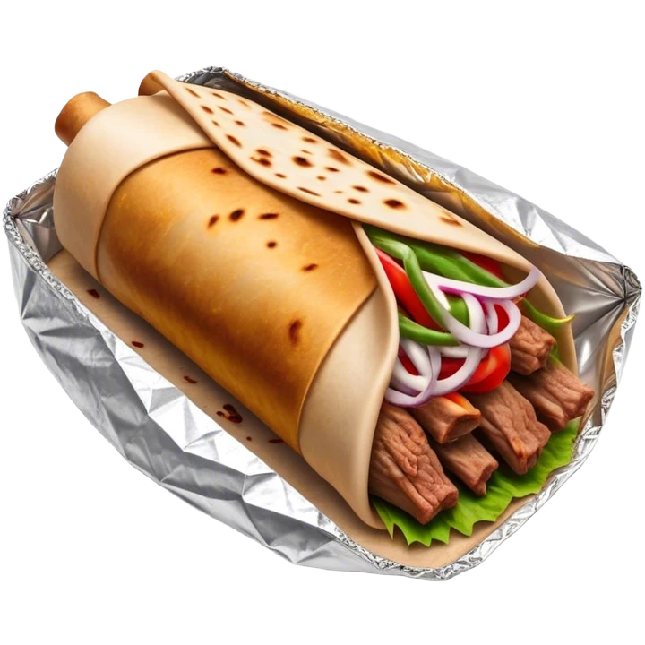 Doner Kebab Cinematic Realistic Doner Kebab Dish Emoji, depicted as iconic, spiced meat wrapped in foil and paper, rendered with lifelike textures and dynamic, appetizing lighting. emoji