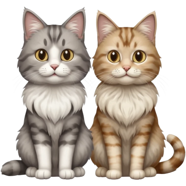 a realistic looking very fluffy grey and white cat sitting next to another cat emoji