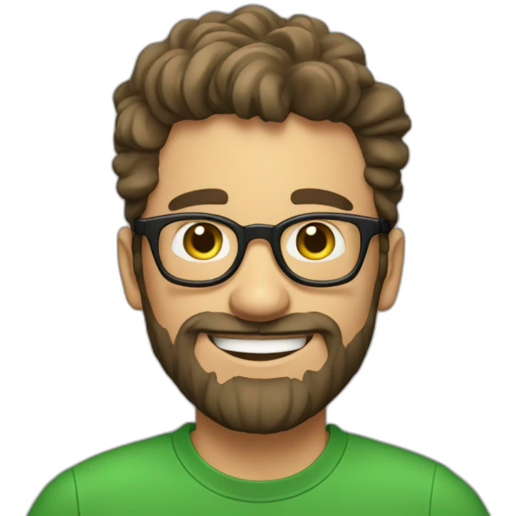 A 25 years old French man that is joyful, with a beard, he is trustworthy, smart, loving, with glasses, wearing a green t-shirt emoji