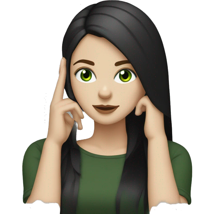 White  girl with dark straight hair green eyes, black clothes, listening to music  emoji