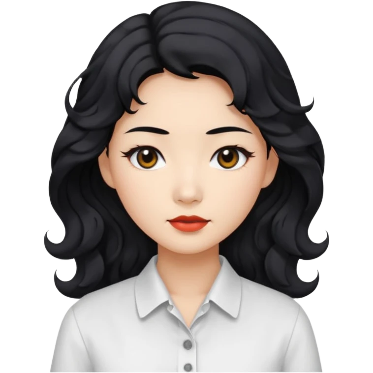 Asian woman, black hair, long permed wavy hair, white button-up shirt, flat colors, transparent background, black eyes emoji