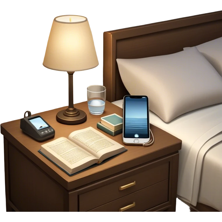 A dimly lit bedroom with a phone tucked away on a nightstand across the room. The bed is neatly made, and a glass of water sits beside a book on a cozy nightstand. Soft lighting signals a peaceful wind-down, representing the calm and control that comes from reclaiming your evenings. emoji