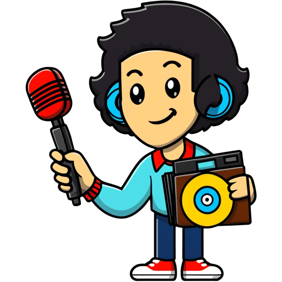 Nardwuar holding vinyl records and his signature microphone emoji