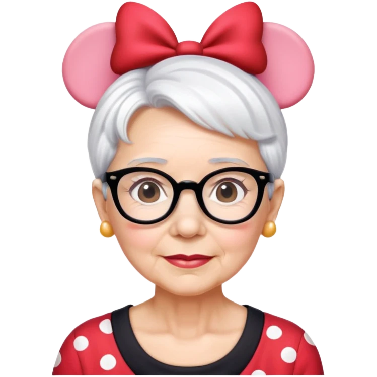 Older woman short White hair wearing glasses Minnie mouse ears emoji