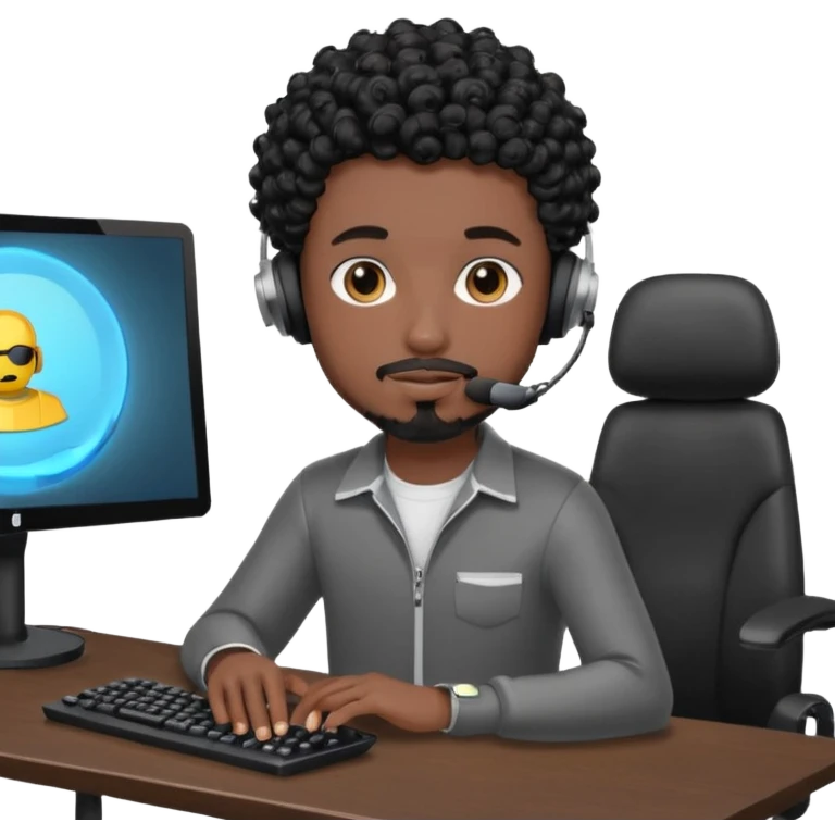 a setup of a youtuber his blach curly short hair, a thin goatee, with a desktop pc on a table, a gaming chair, microphone, ring light emoji
