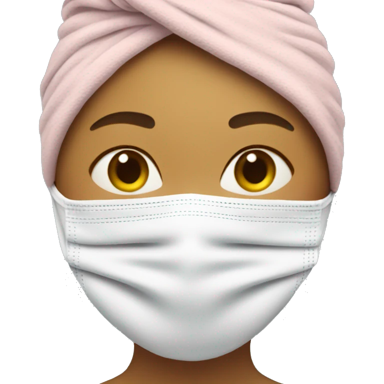 Woman with towel on head and face mask on  emoji