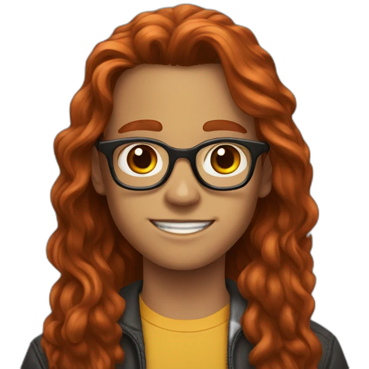 A 13-year-old boy with long red hair, dark glasses and brown eyes emoji