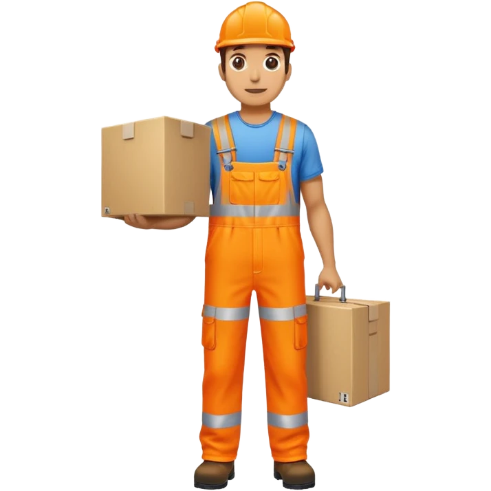 man standing sideways, wearing orange hi visibility overalls, carrying a large box emoji