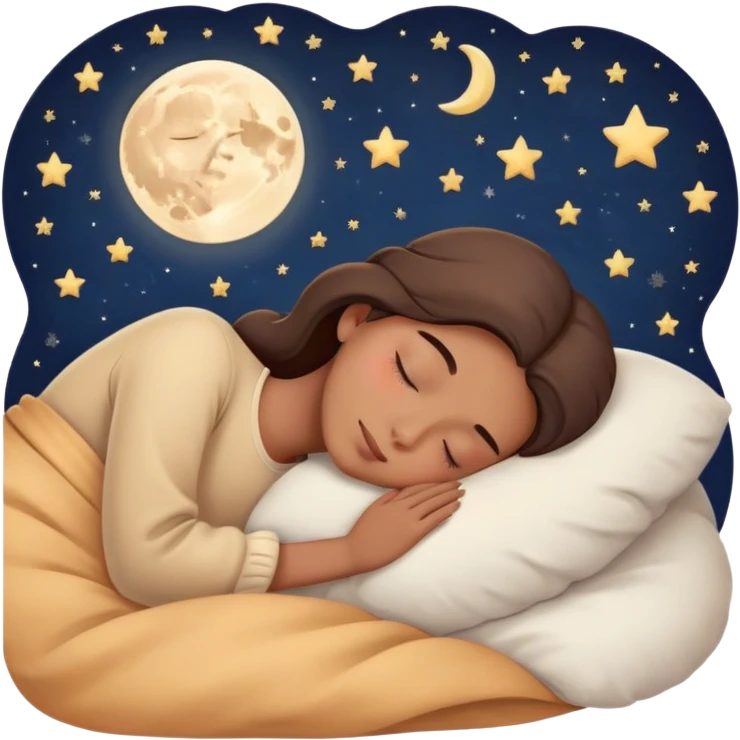 a person sleeping peacefully in bed with a moon and stars, calm and cozy emoji