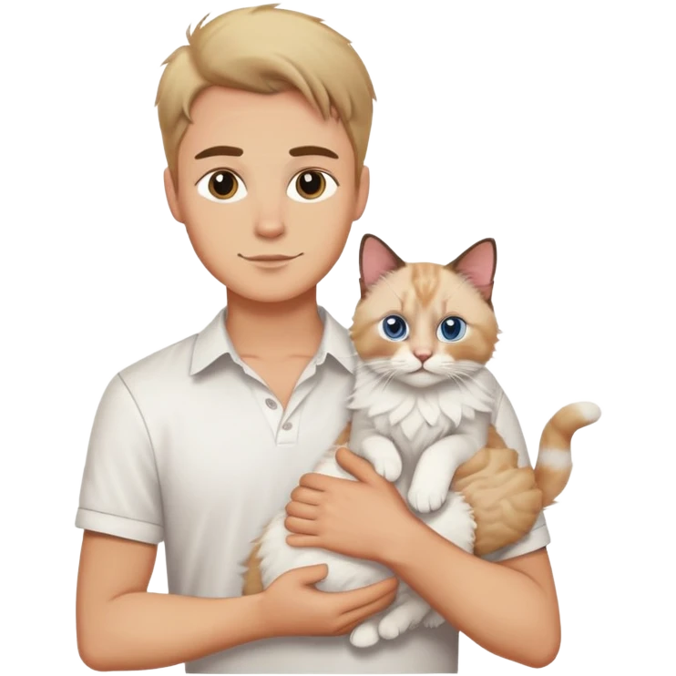 A young handsome Caucasian man in a white shirt holding a ragdoll cat emoji