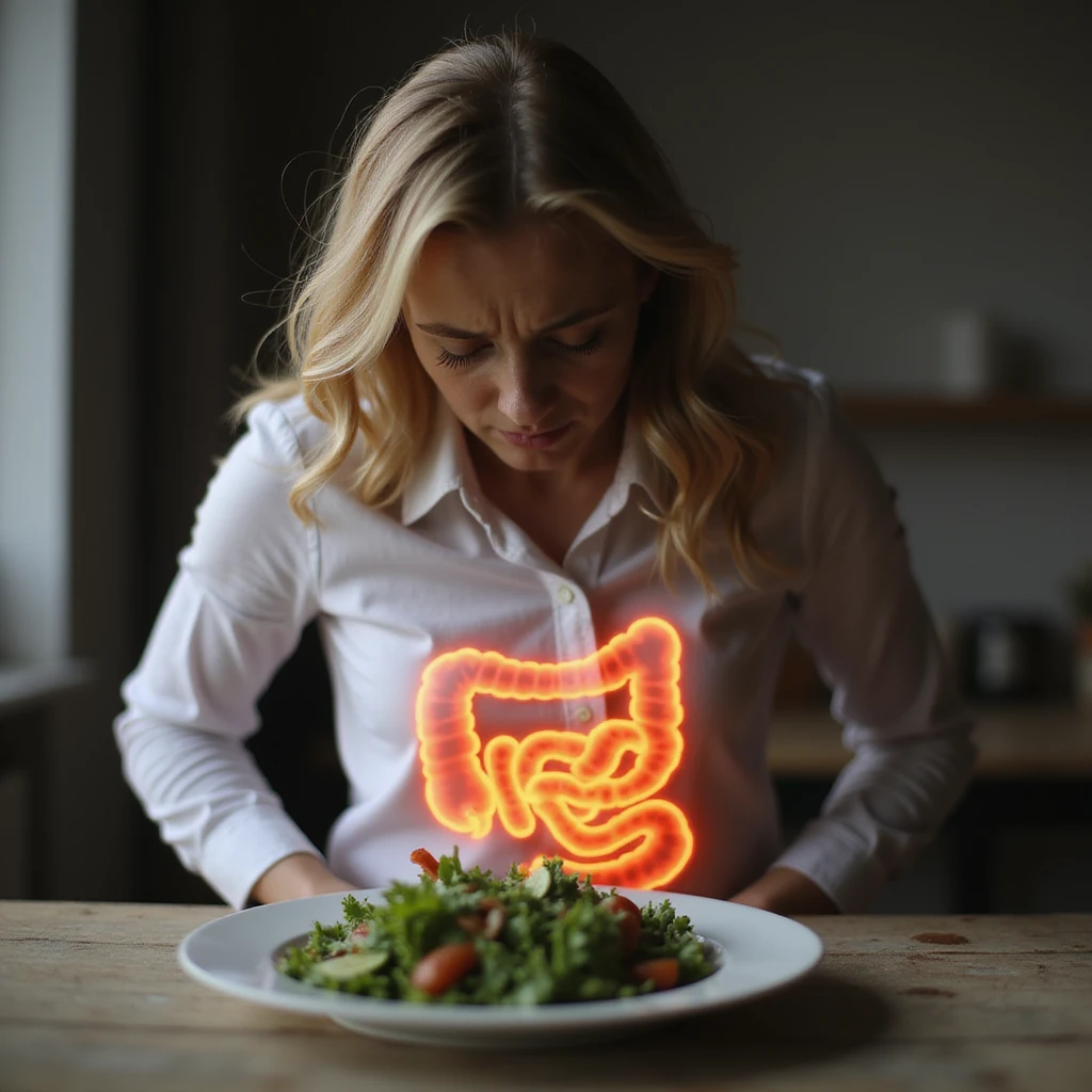 adult woman, photorealistic, intestinal pain, sitting at table with salad plate, intestine highlighted with glow effect, suffering expression, natural light, kitchen background emoji