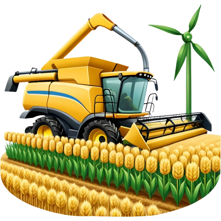 An icon featuring a wheat field, a combine harvester, fertilizer formulas, and plant cells, symbolizing agronomy. The design includes farming tools and crops, representing agricultural science, crop production, and plant biology. Transparent background highlights sustainable farming and growth. emoji