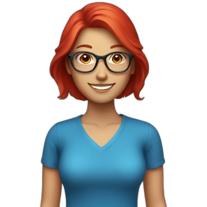 female with long bright red hair and glasses smiling with blue eyes and red shirt emoji