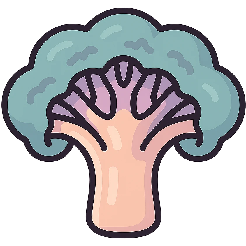 broccoli cross-section, volumetric 2D image, icon-color-outlined style, thin clean contours, soft rounded shapes, pastel palette #98B5BC, #B5B3C1, #C9A3C9, #E4C0CA, #F7DCD1, #F7C0AA, detailed shadows and highlights, soft lighting, transparent background, no decor emoji