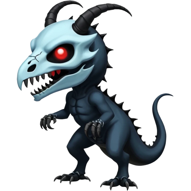 Shiny Dark Edgy  Duskull-Salandit-Inteleon-Amaura-Fakémon-hybrid-creature (full body) with a horned animal-skull-mask emoji
