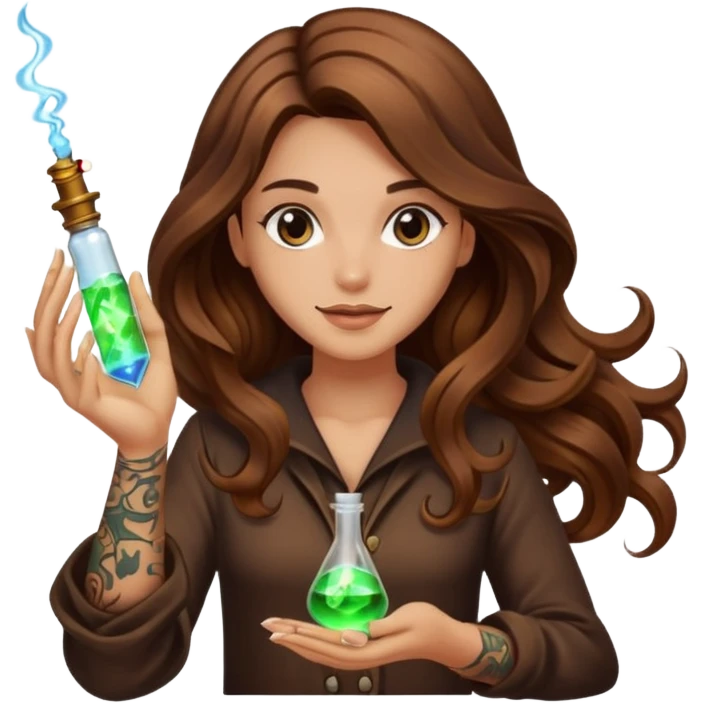 alchemist woman long wavy brown hair tattoos flipping glowing vial emoji