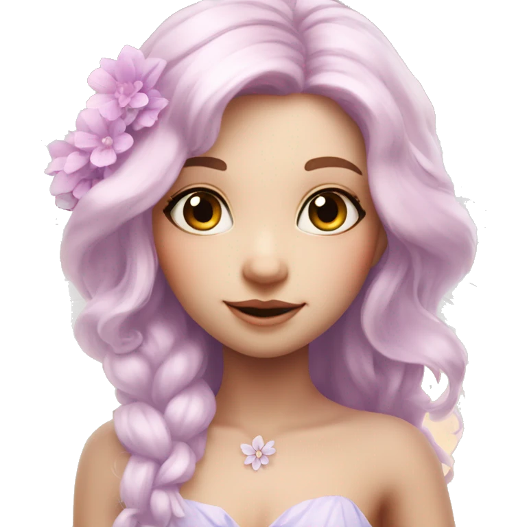 Beautiful, flower fairy, white long, light pink hair, big wings, fair skin, light violet eyes  emoji