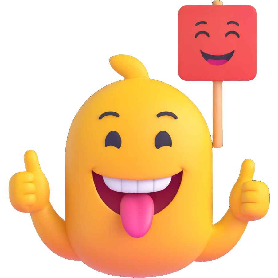 AI emoji with a smirk, sticking out tongue and winking, holding a goofy thank you sign, aiming to make friends laugh emoji