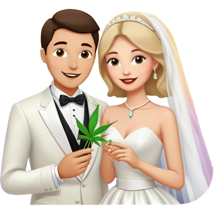 Bride in white dress and groom in tuxedo sharing a cannabis joint, cheerful cartoon wedding couple with vibrant colorful background emoji