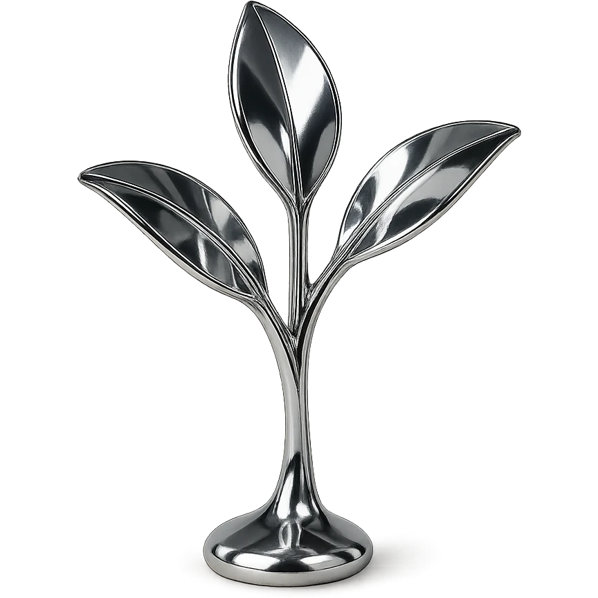 reflective chrome plant with three distinct petals sprouting from the ground, highly metallic emoji