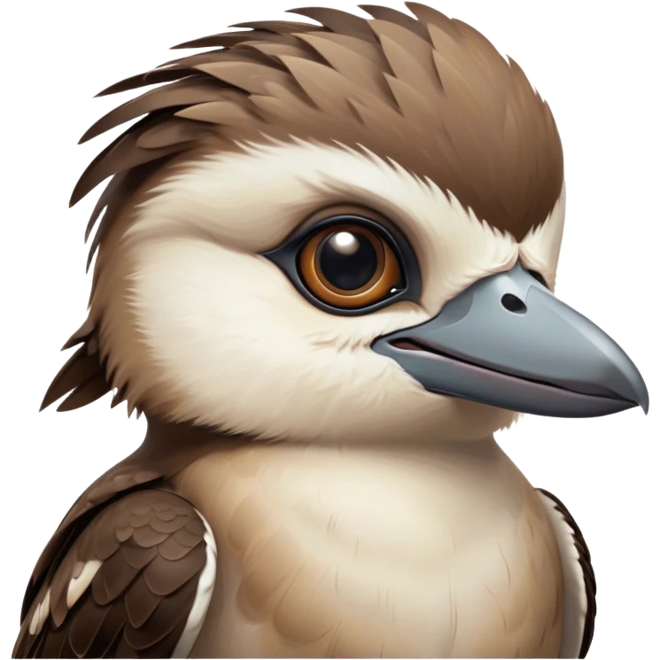 Cinematic Cute Kookaburra Portrait Emoji, Head tilted playfully and inquisitively, featuring a glossy brown plumage with subtle cream accents and a perky, expressive beak, round, sparkling eyes filled with curious mirth, Simplified yet irresistibly adorable features, highly detailed, glowing with a warm, friendly glow, high shine, affectionate and spirited, stylized with a touch of bushland whimsy, bright and endearing, soft glowing outline, capturing the essence of a mischievous yet loving kookaburra, so playful it feels like it could chuckle out of the screen into your arms! emoji