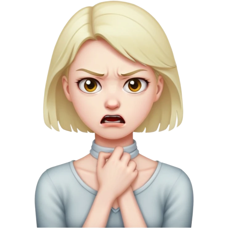 Girl holding neck while mad emoji