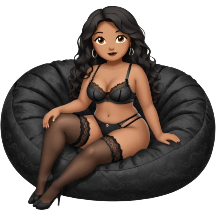 Curvy woman with brown skin with long wavy black hair, dark brown eyes. She's wearing a black lace lingerie, black lace thong, black stockings and suspender belt, she's sat on a big dark grey bean bag chair with her legs open and feet on the floor. She has her hands in her hair emoji