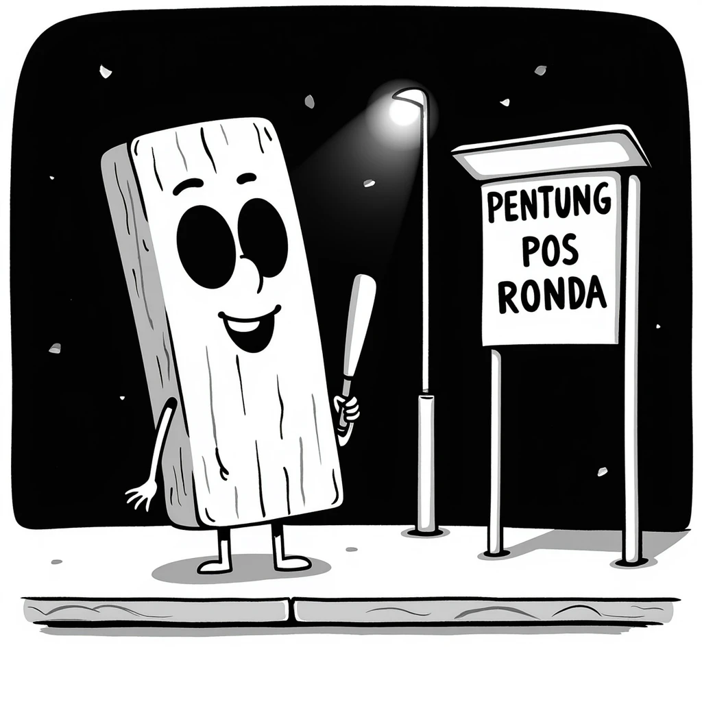 a humanoid wooden club with big cartoon eyes and a wide smile, barefoot, standing at a dark street bus stop under a dim streetlight, holding a bat, with a background sign reading 'Pentung Pos Ronda' emoji