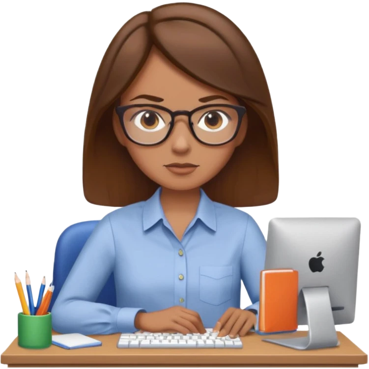 Uma mulher de cabelo cstanho que é professora um pouco brava não usa óculos e está a trabalhar ao computador emoji