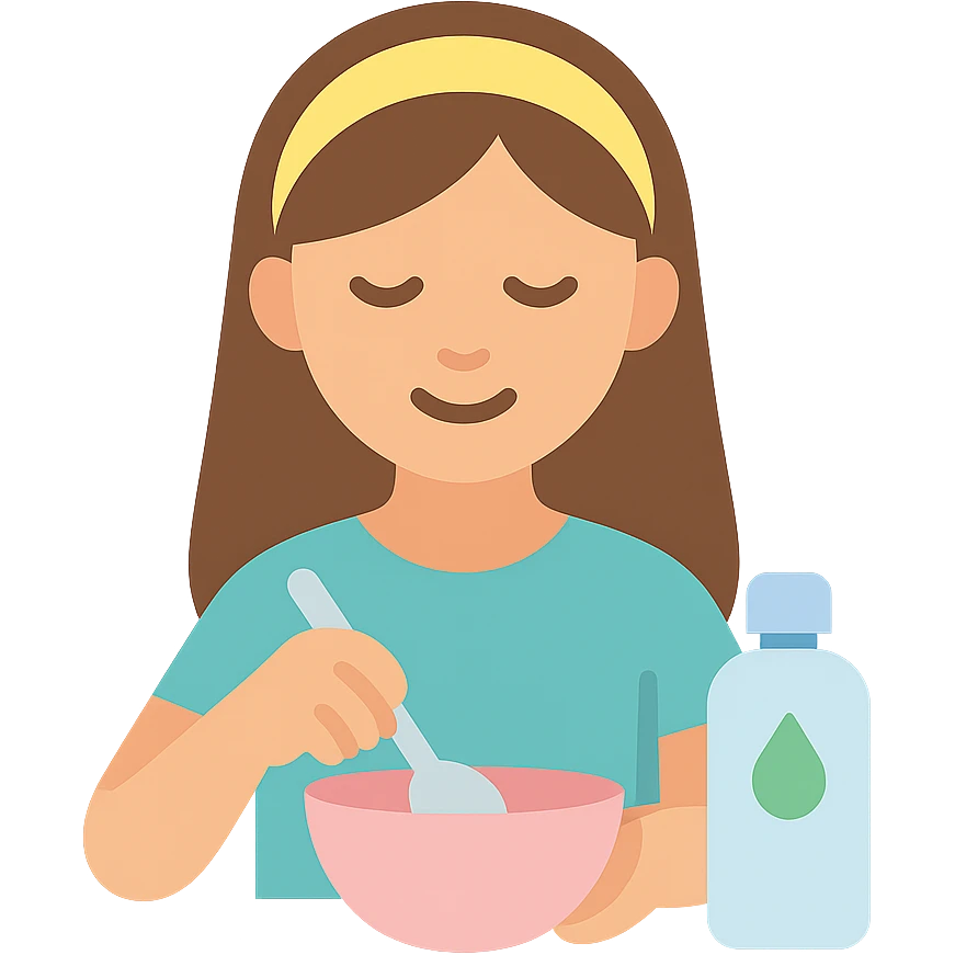girl making skincare products, mixing ingredients in a bowl, color icon emoji