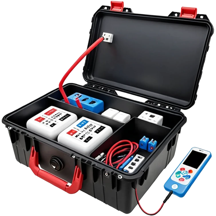 An open, black outdoor test case.Interior: control panel with colored test jacks, USB ports, and a power outlet. A red test probe is located next to it. On the left side of the case is a large roll of white, round test labels displaying QR codes. A blue cable leads out of the side of the case. emoji
