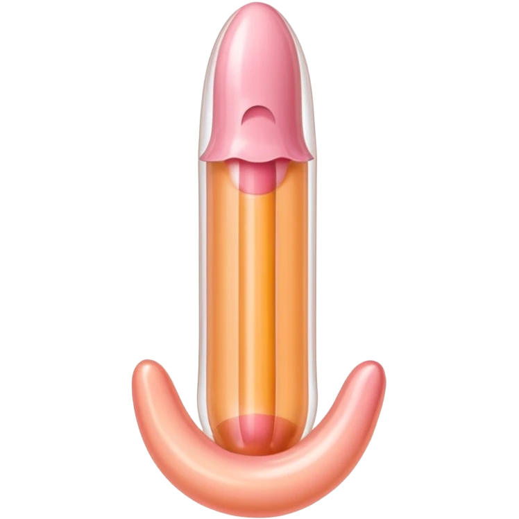 transparent condom fully covering cylindrical beige-pink penis shaft, no face. at top of penis, add glans tip that is covering approximately 1/5th length of the penis, peach shaped tip and corona line. at the bottom end/base of penis make it flat. add reservoir tip to top of condom emoji