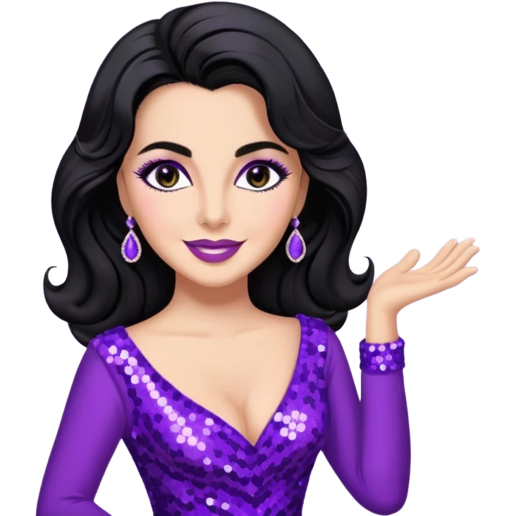 Elizabeth Taylor with long black hair, purple sequin outfit emoji