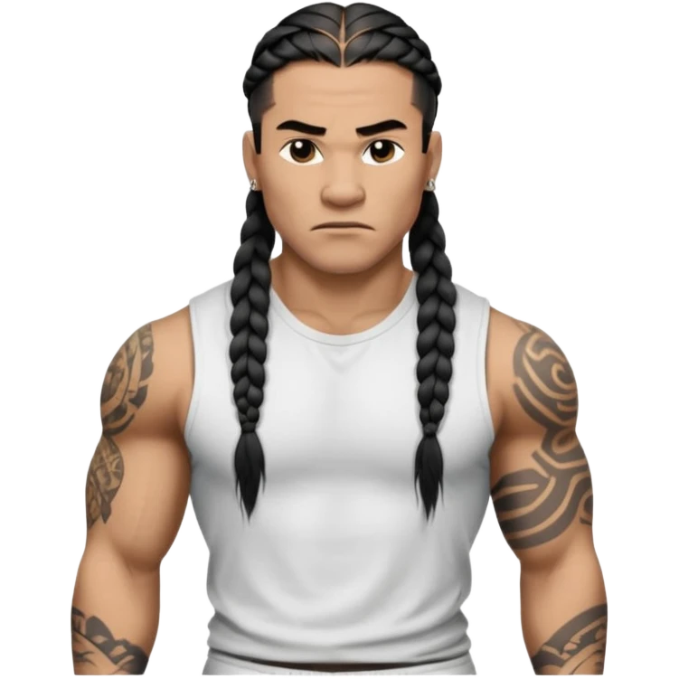Samoan males with white t-shirt. long braided hair, very muscular, tattoos. street culture clothing. Tough and menacing. emoji