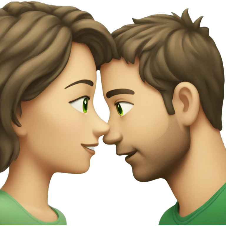 A guy with green eyes kisses a girl with brown eyes emoji