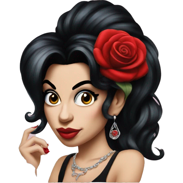 Amy Winehouse with nose piercing, hoops and red rose in hair emoji