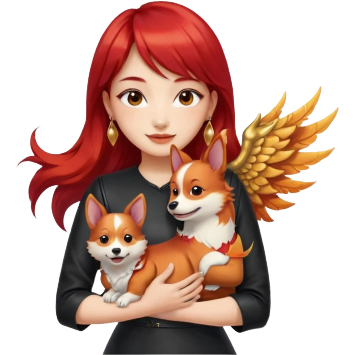 Asian girl with long hair and wispy bangs, black leather dress, gold earrings, subtle false lashes, 3/4 sleeve tattoo with phoenix and dragon on left arm, hugging joyful red head tri-color corgi emoji